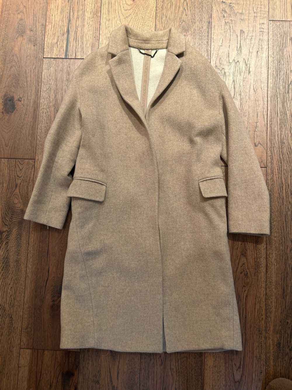 Womens Tan Long Wool-Blend Overcoat